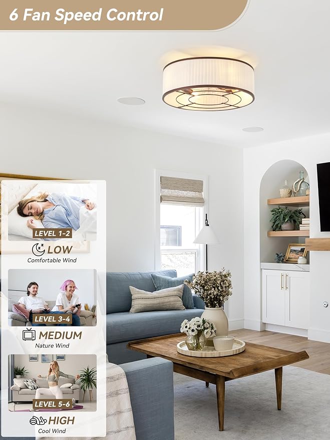Boho Ceiling Fan with Light Flush Mount, 20" Brown Caged Ceiling Fan with Lights Remote Control, Bladeless Ceiling Fans 6 Speeds for Bedroom, Living Room, Nursery