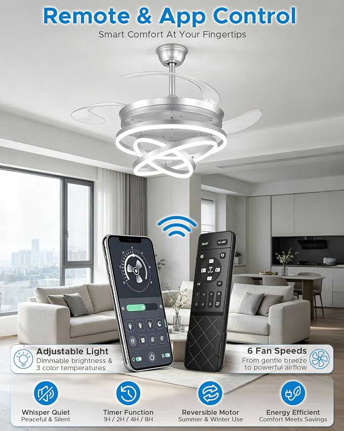 48 Inch Retractable Ceiling Fans with Lights and Remote, Modern Chandelier Fandelier Ceiling Fans, Quiet Reversible DC Motor, 6 Speeds, 3 Color Dimmable LED for Bedroom Living Room (Silver)