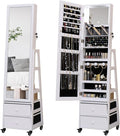 Jewelry Cabinet Standing Mirror with Drawers Wheels Full Length Mirror Jewelry Storage with Touch Screen Vanity Mirror Rotatable Jewelry Armoire Organizer with Lock White Christmas Gift for Women