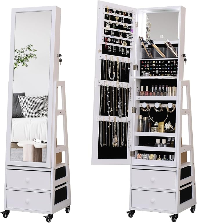 Jewelry Cabinet Standing Mirror with Drawers Wheels Full Length Mirror Jewelry Storage with Touch Screen Vanity Mirror Rotatable Jewelry Armoire Organizer with Lock White Christmas Gift for Women