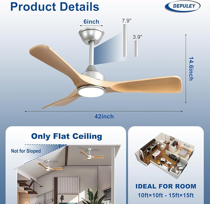 Depuley 42-Inch Ceiling Fan with Light: Wood 3 Blade Outdoor Fans for Patios - Dimmable Indoor Ceiling Fan with Remote Control Fandelier Ultra Quiet DC Motor Reversible 6 Speed Timer