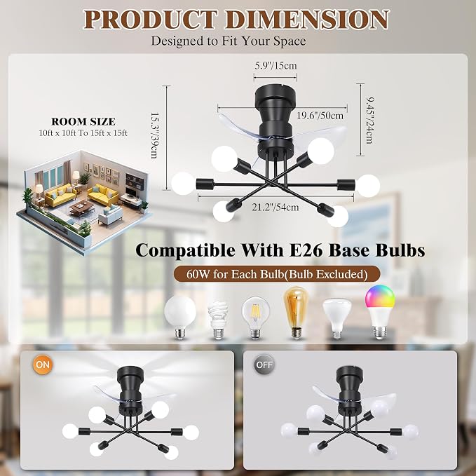 VbiTmn 21.2 Inch Flush Mount Sputnik Ceiling Fan with Lights, 6-Light Black Modern Fandelier, Low Profile Quiet DC Reversible, 6 Speed Remote Control, E26 Base for Bedroom Dining Room