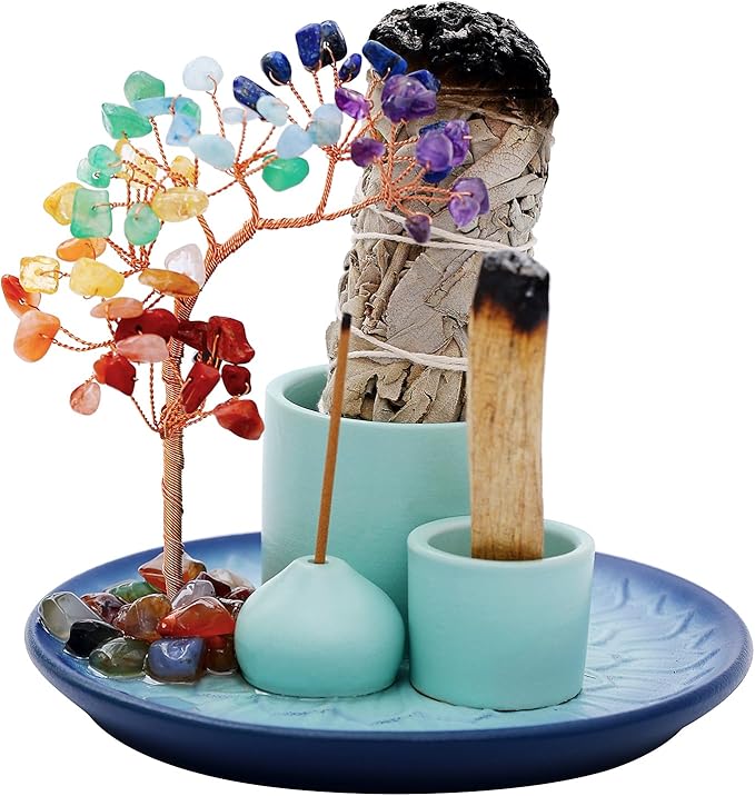 5 in 1 Incense Burner Holder with Crystal Tree for Burning Palo Santo Stick, Sage, Incense Sticks, Candle, Ceramic Tray Ash Catcher, Meditation Gift (Sky-Blue)