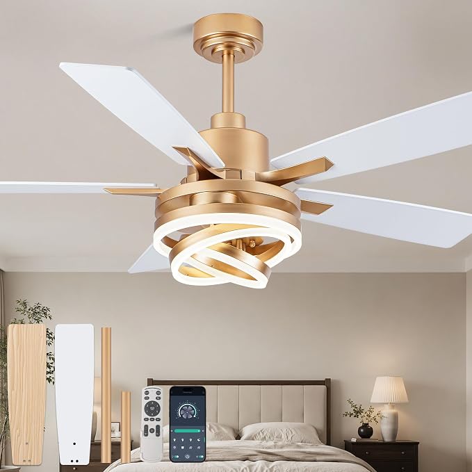 Bella Depot 52 Inch Gold White Ceiling Fan Modern Chandelier Ceiling Fan with Dimmable Light, 6-Speed, Reversible, Timing Option - Ideal for Bedroom Living Room