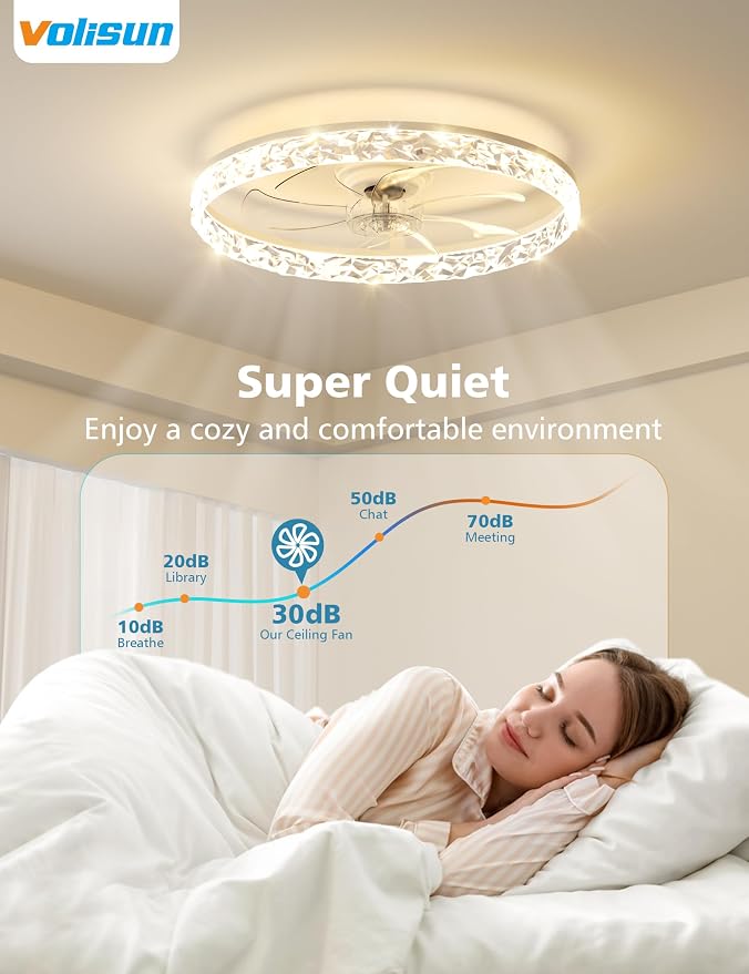 VOLISUN Low Profile Ceiling Fan with Lights and Remote, No Assembly, 24in Modern Ceiling Fans Flush Mount, 3000K-6500K Dimmable Bladeless LED Fan Light, White Fandelier Ceiling Fans for Bedroom