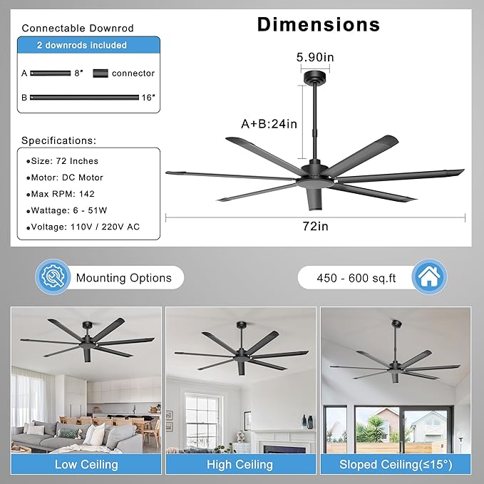 Ohniyou 72'' Industrial Ceiling Fan No Light for Patio, Garage, Black | 8000 CFM Airflow, 35dB DC Motor, 7 Aluminum Blades, Remote/APP Control, Covered Outdoor Metal Fan