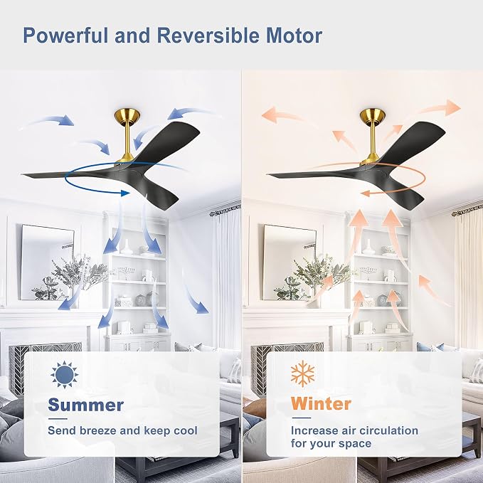 Modern Ceiling Fan with Remote: Black and Gold Ceiling Fans 3 Blades - 52 Inch Ceiling Fan No Light for Covered Outdoor Living Room Bedroom