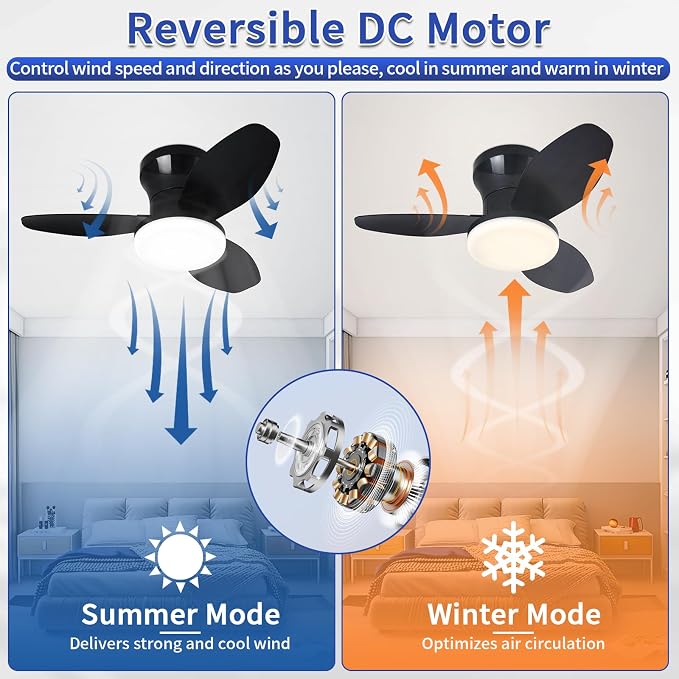 Small Ceiling Fan with Lights, 25" Flush Mount with Remote Control | Reversible Quiet DC Motor,Black,3 Blades,6 Speeds,Dimmable LED,Adjustable Color Temperature,Timer,for bedroom Kitchen indoor