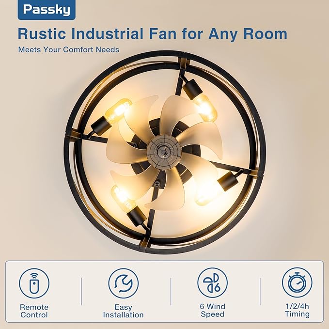 Passky 20" Farmhouse Flush Mount Ceiling Fans with Lights and Remote, Industrial Black Caged Low Profile Fandelier, 6 Speeds Bladeless Ceiling Fan for Bedroom, Kitchen, Living Room