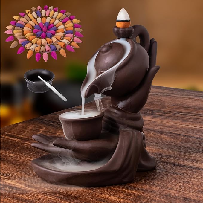 Waterfall Incense Burner Buddha Hand Backflow Incense Waterfall Burner Smoke Incense Holder Waterfall with 100 Incense Cones 10 Kind of Scents