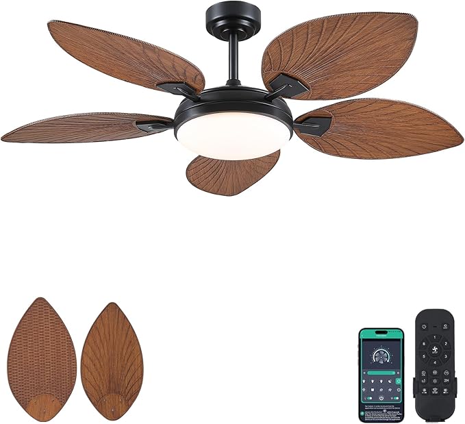 52"Tropical Outdoor Palm Leaf Ceiling Fans with Lights and Remote/APP | 5 Double-Sided Blades, 6 Wind Speeds, Reversible, Dimmable 3CCT LED, 50W Quiet DC Motor,Suits for Living Room Bedroom Patio