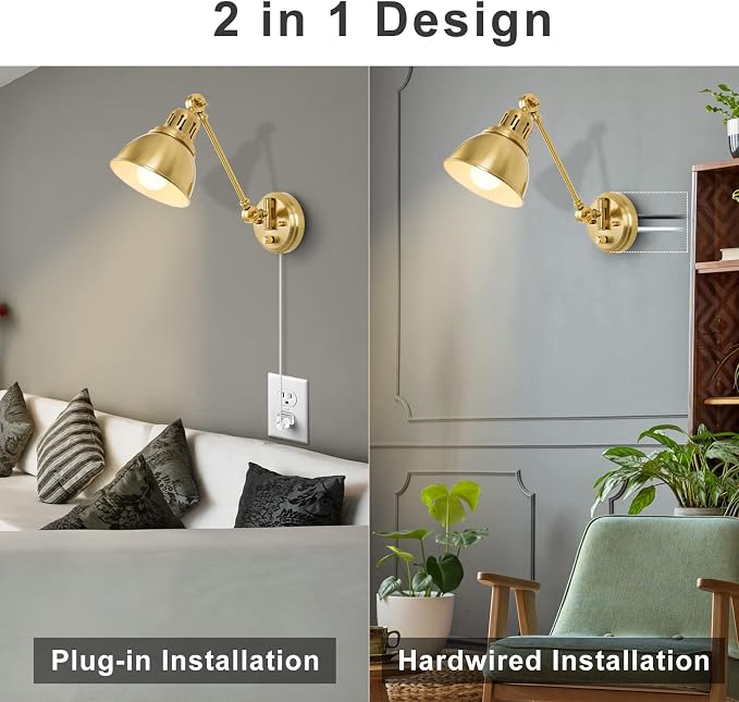 GOODATE Plug in Wall Sconces Set of Two with Remote, Stepless Colors 2700K-6500K & Stepless Dimming, Premium Golden Finish, Plug in Wall Light with Night Light & Timer, LED Bulbs Included