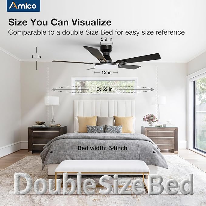 Amico Ceiling Fans with Lights, 52'' Smart RGB Ceiling Fan with Remote/APP/Alexa Control, Flush Mount, Reversible DC Motor, 5 Blades, 6 Speeds, 3CCT, Dimmable, Noiseless, Bedroom, Living Room, Black