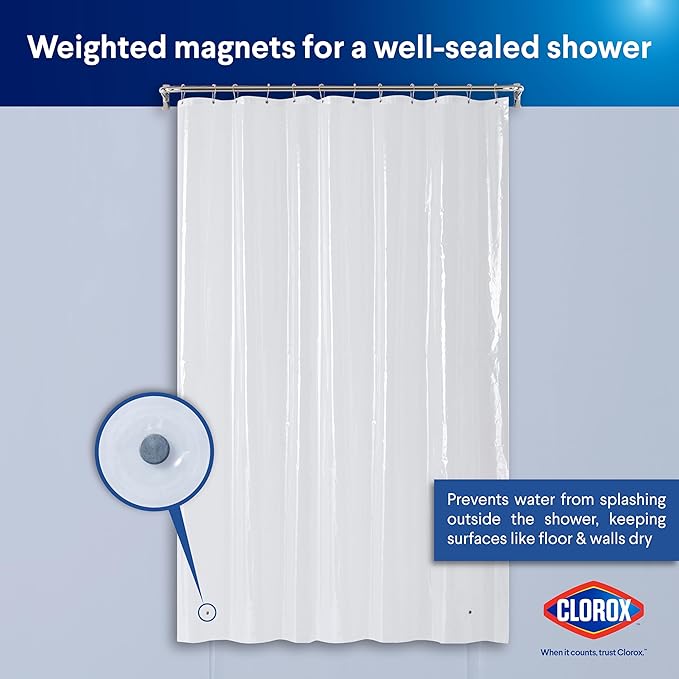 Clorox Shower Curtain Liner, Premium Medium-Weight Durable Waterproof 6g PEVA for Bathroom with Weighted Magnets, Extra Long 72" x 84", Clear 1 Pack