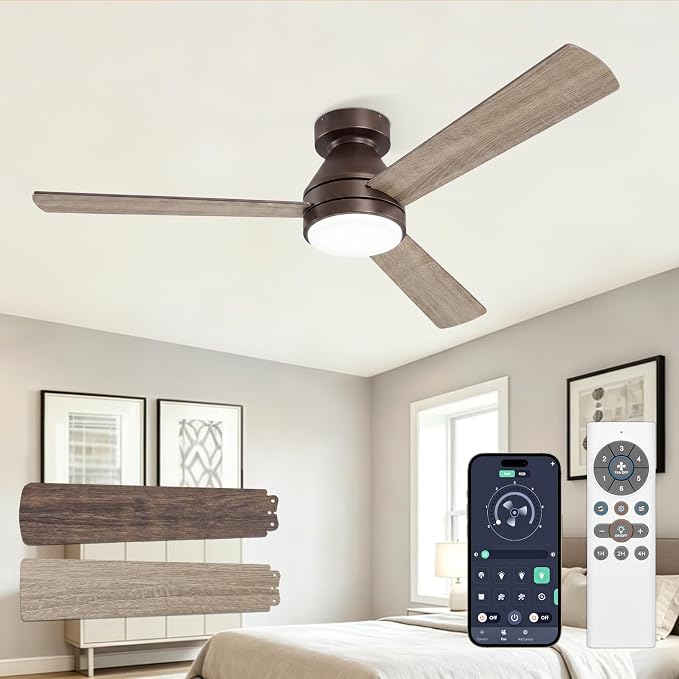 VOLISUN Ceiling Fans with Lights Flush Mount, 42 inch Low Profile Ceiling Fan with Light and Remote, Queit & Reversible Motor,3CCT, Dimmable, Brown Modern Ceilings Fans for Bedroom, Living Room