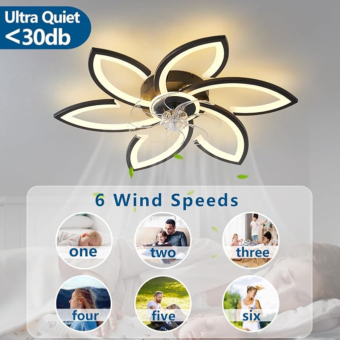 Dalouguan Ceiling Fan with Lights Remote Control, 30" Black Flower 6 Speeds 3 Light Color Low Profile Flush Mount Ceiling Fan for Kitchen Bedroom