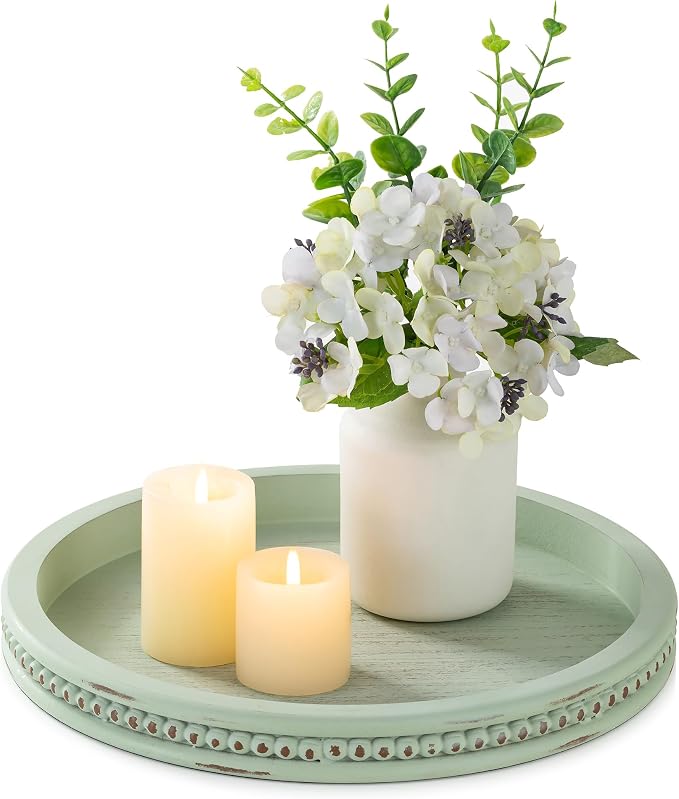 Hanobe Sage Green Decor Tray, Beaded Edge & Distressed Finish | 10.4" round wood tray for candle display, for coffee table centerpiece, living room, bedroom, kitchen.