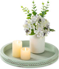 Hanobe Sage Green Decor Tray, Beaded Edge & Distressed Finish | 10.4" round wood tray for candle display, for coffee table centerpiece, living room, bedroom, kitchen.