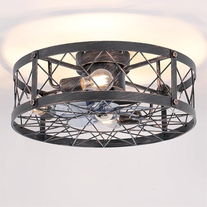24" Farmhouse Flush Mount Caged Ceiling Fans with Lights, Rustic Low Profile Ceiling Fan with Light and Remote, Reversible DC Motor Bladeless Enclosed Ceiling Fan for Bedroom Laundry Room Kitchen