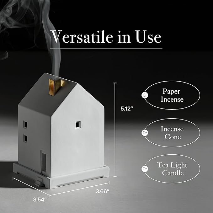 OPTATUM Grid House Incense Burner Set with Paper Incense 48pcs - Mini Chimney House Burner Incense Holder, Cute Miniature Living Room Ornament for Incense, Cones, Palo Santo, Tea Light Candles
