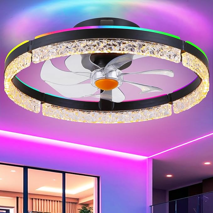 Mpayel 20" Low Profile Ceiling Fan with RGB Light - Modern Bladeless Flush Mount Ceiling Fan with Remote, Quiet DC Motor, 6 Speeds, 3CCT Dimmable LED Light for Kids Room, Bedroom & Bunk Beds