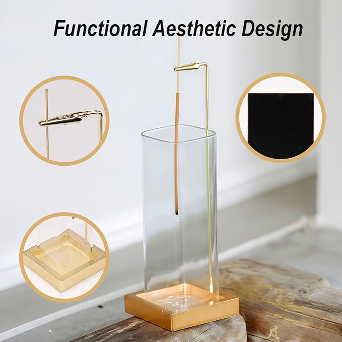 Incense Holder, Metal Incense Holder for Sticks with Glass Ash Catcher, Anti-Ash Incense Burner for Meditation Yoga Spa Room Décor (Golden)