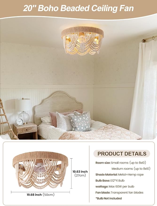20" Boho Ceiling Fan with Light, Coastal Flush Mount Fandelier Ceiling Fans with Lights and Remote Control,Enclosed Beaded Caged with 6 Speeds for Bedroom Nursery Living Room
