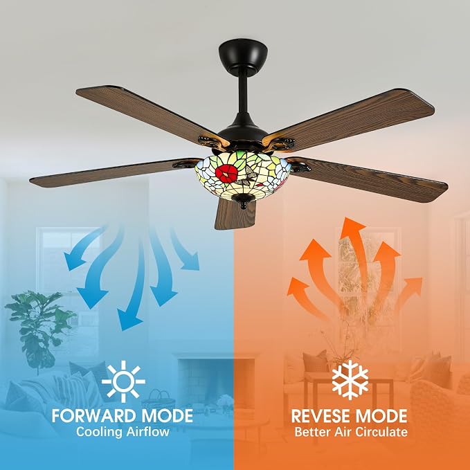 52" Tiffany Style Ceiling Fans with Lights, Vintage Chandelier Ceiling Fan with Stained Glass Shade, Dimmable LED, 6 Speeds Reversible for Bedroom (Butterfly Garden)