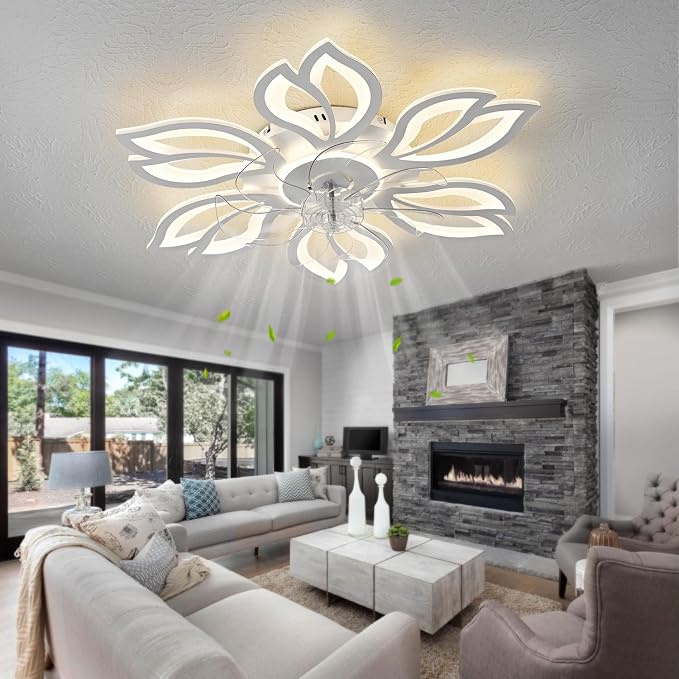 White Flower Modern Ceiling Fans with Lights, Low Profile Ceiling Fan with Remote for Bedroom, Flush Mount Ceiling Fan with LED Dimmable Light,3-Colors, 6-Speeds, Ceiling Fans Light