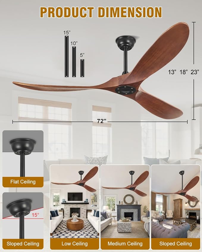 Ceiling Fans without Lights 72 Inch Large Ceiling Fan, Solid Wood Ceiling Fan No Light and Remote, 3 Blade, 6 Speeds, Timer, Quiet DC Motor, High CFM Modern Indoor Outdoor Fans for Patio, Dark Walnut