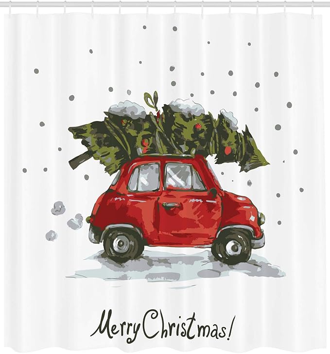 Ambesonne Christmas Shower Curtain, Retro Style Car Xmas Tree Vintage Family Illustration Snowy Winter Art, Cloth Fabric for Bath Decor Bathroom Decor Set with Hooks, 69" W x 75" L, Green Vermilion