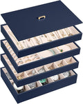 Voova Stackable Jewelry Organizer Tray with Lid, PU Leather Jewelry Storage Holder for Drawer Inserts, Jewellery Display Box Case for Earring Necklace Ring Watch Bracelet (Set of 4, Navy Blue)