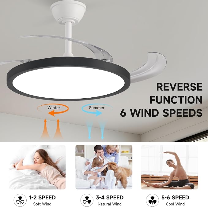 Slim Retractable Ceiling Fan with Lights and Remote, 42 Inch Black and White Modern Ceiling Fan,Dimmable LED,Memory Functionr,Timer Setting& Reversible Motor for Bedroom Living Room
