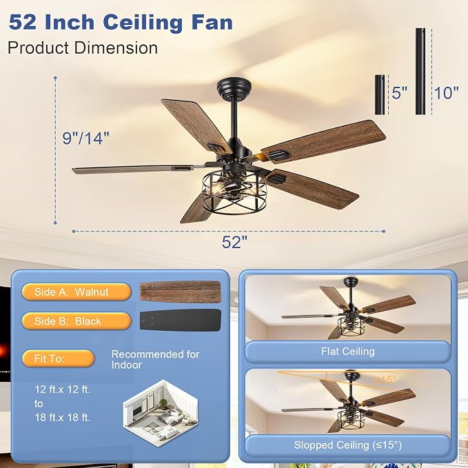 Depuley 52-Inch Ceiling Fans with Lights: Caged Ceiling Fans Dual Finish 5 Blades - Rustic Ceiling Fan with Remote Control for Farmhouse Living Room Outdoor Porch Noiseless (Black Walnut)