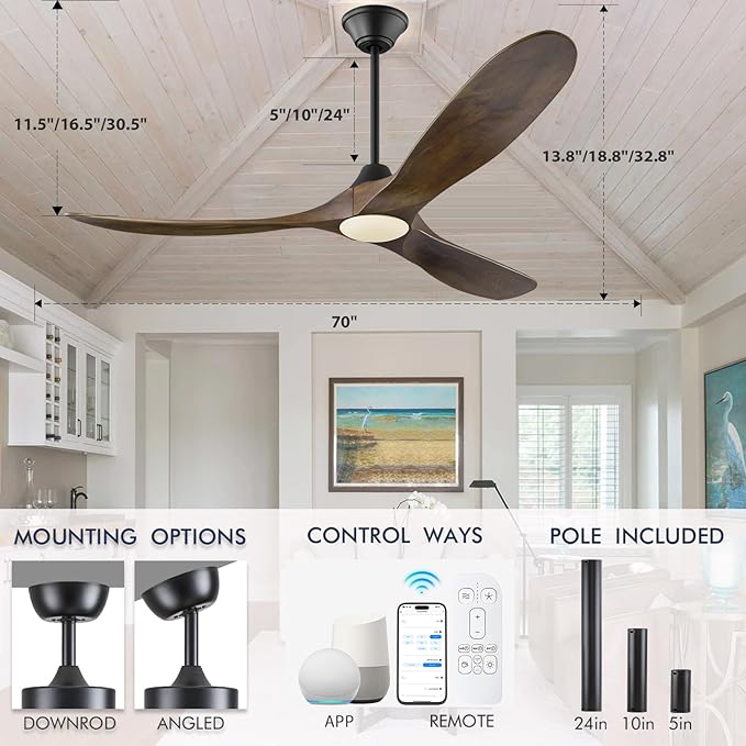 70 inch Large Ceiling Fans with Lights, Outdoor Ceiling Fan for Patios Waterproof, 3 Blades Propeller Wood Ceiling Fan, Smart Ceiling Fans with Remote & APP for Indoor Exterior Porch Commercial