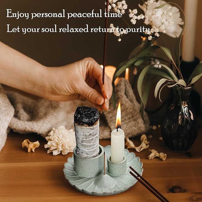 Sage and Palo Santo Candle Holder, Ceramic 4 in 1 Incense Burner Holder, Ash Catcher Tray for Home Office Meditatio Yoga Room (Art's Cyan)
