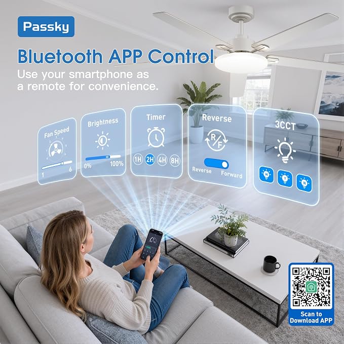 Passky Ceiling Fans with Lights, 60 inch Sleek Ceiling Fan with Light and Remote Control, 3CCT, Dimmable, Reversible, Noiseless, White Ceiling Fan for Bedroom, Living Room