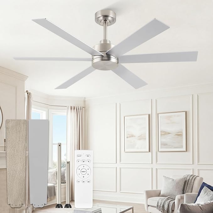 ZMISHIBO 48 Inch Ceiling Fans No Light, Brushed Nickel Ceiling Fan Wth No Light, 6 Blades, Quiet Reversible DC Motor, 6-Speeds, Ceiling Fan Modern for Living Room, Bedroom, Office, Indoor/Outdoor Use