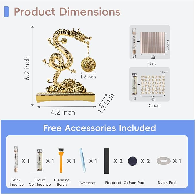 Golden Chinese Hanging Dragon Incense Burner for Sticks & Cones, 2 in 1 Brass Metal Censer with Ash Catcher, Easy to Clean with Brush, Elegant Incensario for Home Decor & Gift Box