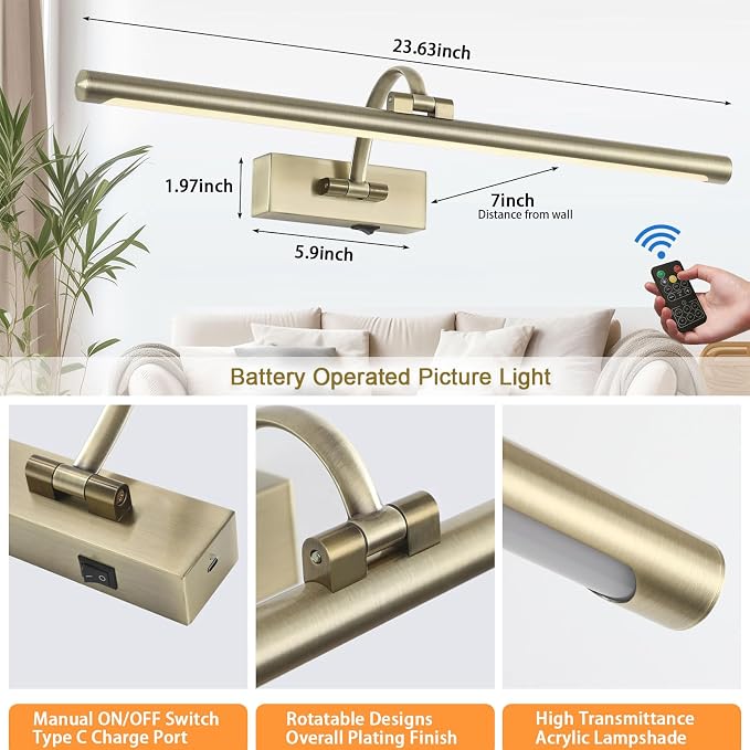 Tassuowell Antique Bronze Picture Light, 23.6 Inch Remote Control Painting Lights for Wall Cordless, 3CCT Dimmable Wall Lights for Pictures, Rechargeable Art Light for Pictures On Wall with Timer
