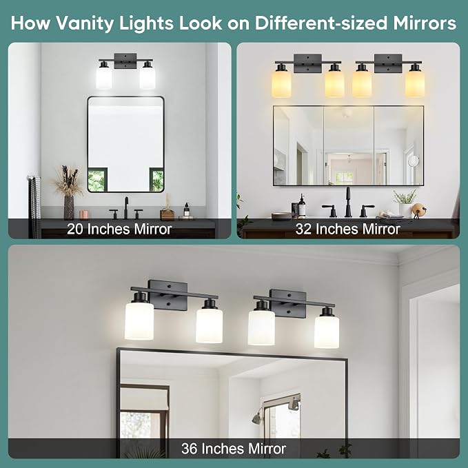 Ascher Bathroom Light Fixtures, 2-Light Vanity Light Over Mirror, Matte Black Wall Sconces with Milky White Frosted Glass Shades, Wall Lamp for Living Room Bedroom, E26 Base(Bulbs Not Included)