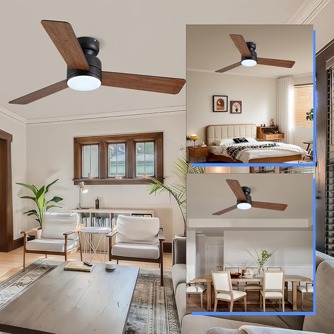Kviflon 46 Inch Ceiling Fans with Lights and Remote/APP Control, Low Profile Ceiling Fan with Lamp, Flush Mount, 3CCT, 3 Reversible Blades 6 Speeds, Double Sided Fans for Bedroom, Brown+Black