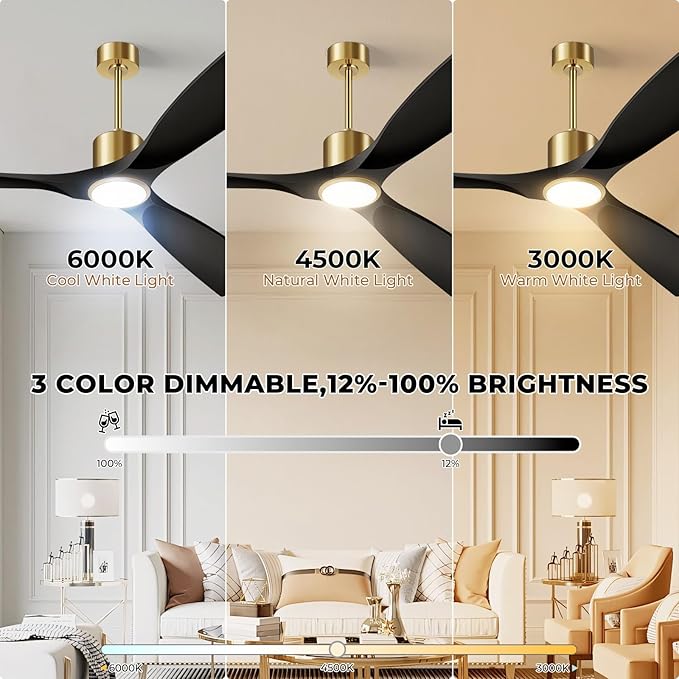 Ceiling Fans with Lights, Ceiling Fans with Lights and Remote Control, 52 inch Ceiling Fan with Light, Outdoor Ceiling Fans for Patios 3 Blade Bedroom Living Room-Matte Black and Gold