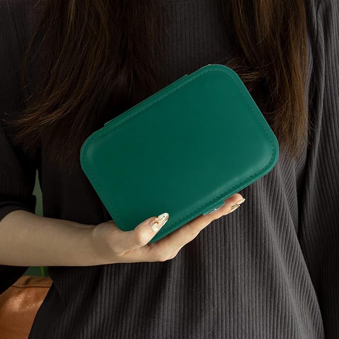 Hatori Travel Jewelry Box, PU Leather Small Jewelry Organizer for Women Girls, Double Layer Portable Mini Travel Case Display Storage Holder Boxes for Stud Earrings, Rings (Ink Green)