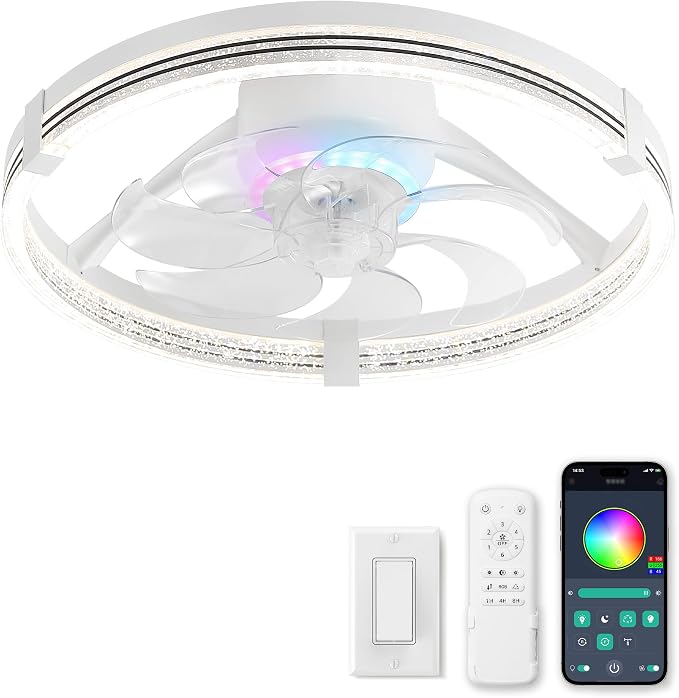 ZMISHIBO Low Profile Ceiling Fans with Lights, Flush Mount Modern Ceiling Fan and Remote Control, 20" LED Ceiling Fans, Stepless Dimmable 3 Colors and 6 Speeds (White RGB, 20")