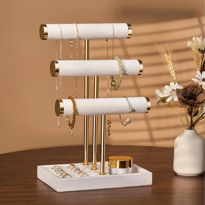 Jewelry Organizer Stand Display, 3 Tier Velvet Bracelet Holder, White | Jewelry Organizers and Storage | Jewelry Tree | Jewelry Towers for Necklaces, Bracelets, Earrings, Rings