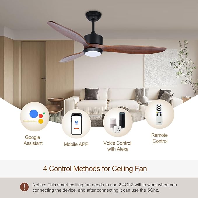 Ovlaim 52 Inch Wood Ceiling Fan with Light, Quiet DC Motor, Smart 6-Speed | 35dB Quiet, Solid Wood Blades, 3-Color Dimmable LED with Memory Function, App & Voice, Reversible Motor, Bedroom Living Room