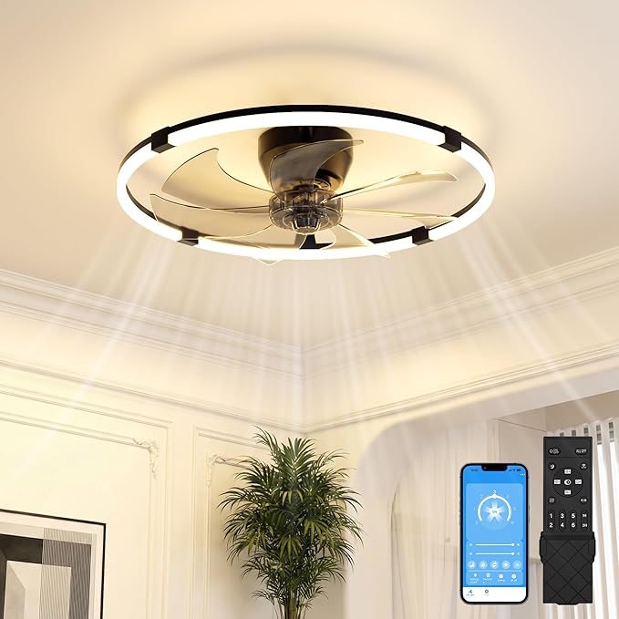 VOLISUN Low Profile Ceiling Fan with Lights and Remote, 23.6in Bladeless Ceiling Fans with Light Flush Mount, Dimmable Modern LED Fan Light, Black Fandelier Ceiling Fans for Bedroom,Living Room