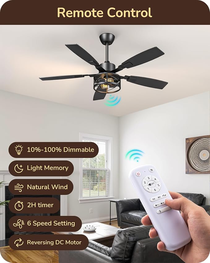 EDISHINE 52" Farmhouse Ceiling Fans with Lights and Remote, 10%-100% Dimmable, 6 Speeds, 5 Wood Blades, Reversible DC Motor, Timer, Quiet, Rustic Caged Fandelier Ceiling Fan for Bedroom Living Room