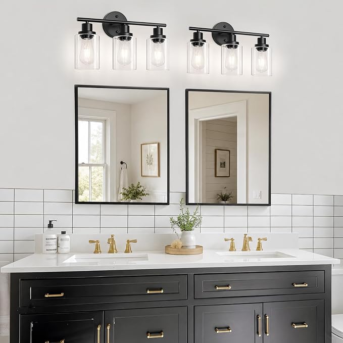 Unicozin Modern Bathroom Light Fixtures, 3 Light Vanity Lights with E26 Bulbs, Black Wall Lamp with Clear Glass for Mirror Living Room Hallway Cabinet Porch